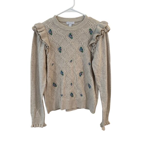 Charter Club Long Sleeve Ruffle Embroidered Floral Sweater Beige Women's Petite - Picture 2 of 13